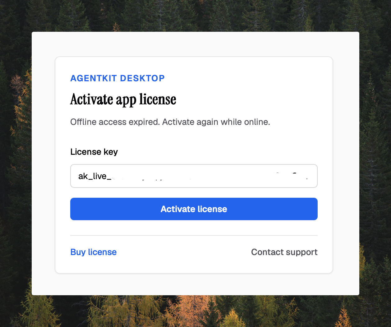 Hộp thoại kích hoạt license ứng dụng với license key bắt đầu bằng ak_live_