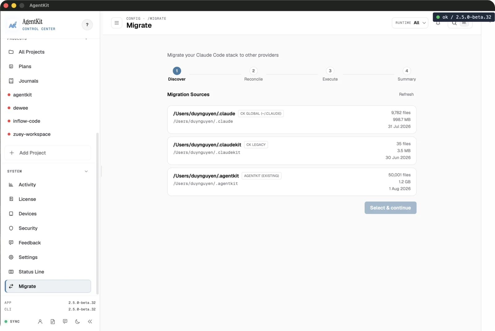 Wizard Migrate đang phát hiện các nguồn migration