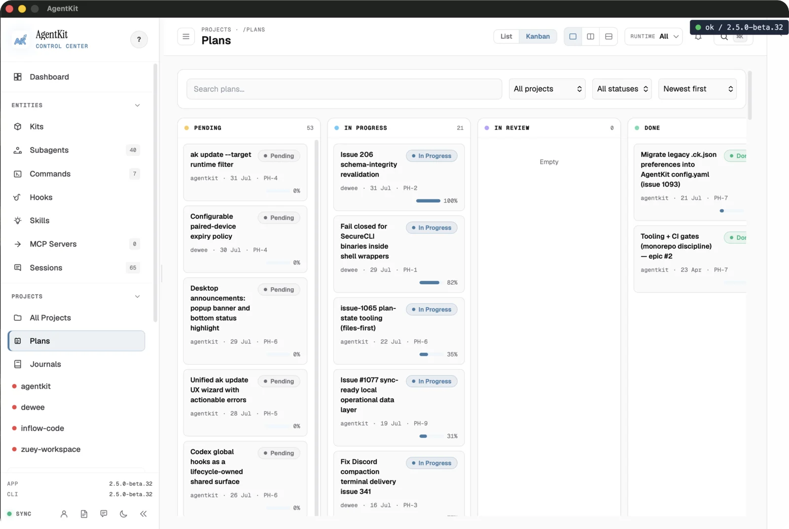 Bảng kanban plan với các cột pending, in progress, in review và done