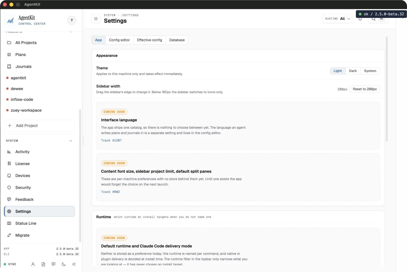 Tab App của Settings hiển thị tuỳ chọn giao diện và runtime
