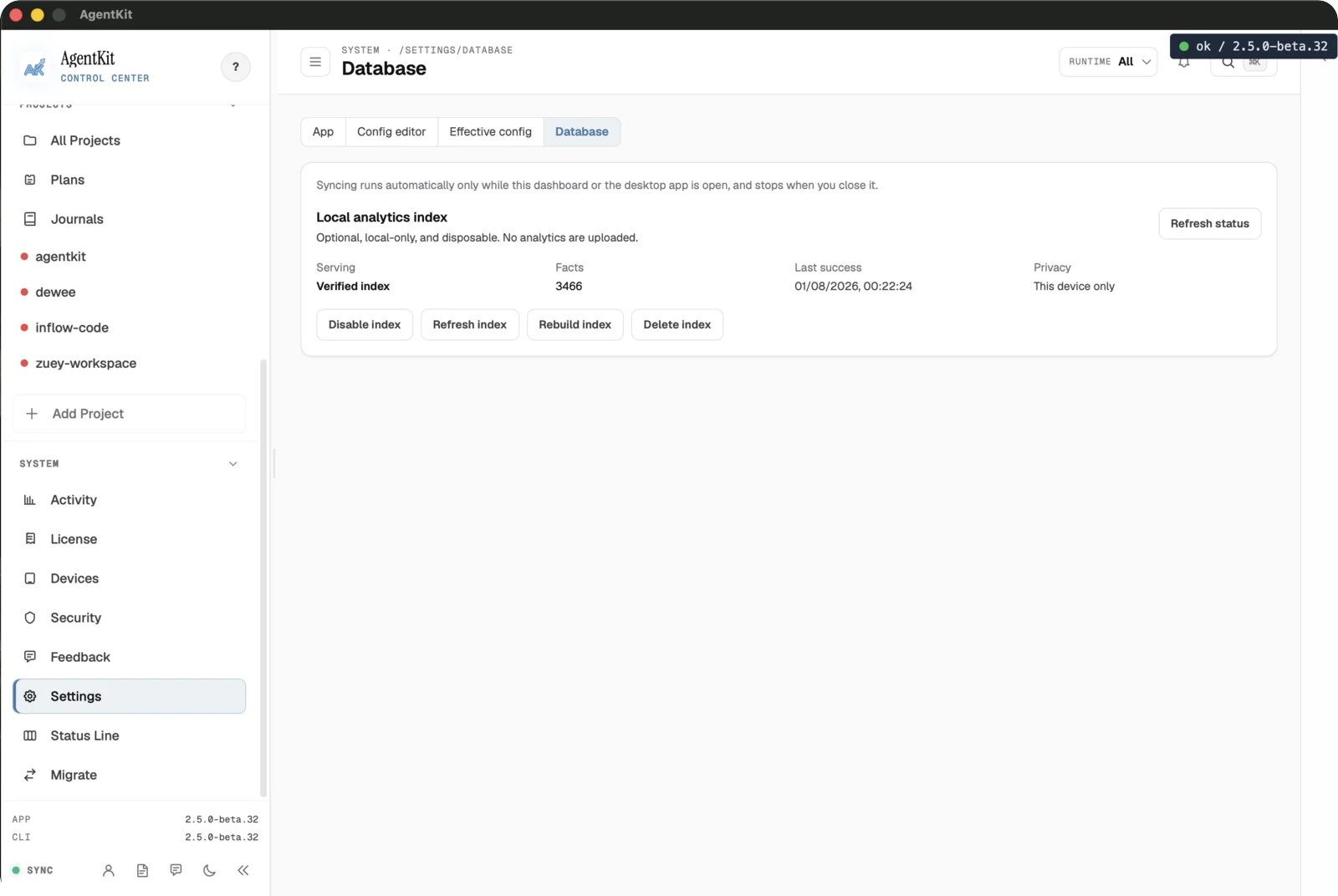 Tab Database của Settings với các nút điều khiển index analytics cục bộ